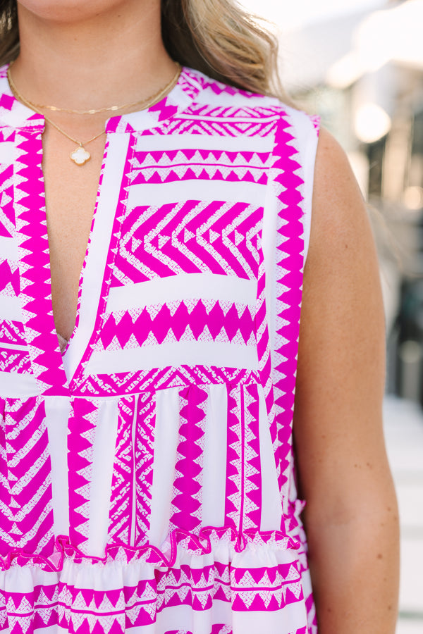 Chic Soul plus size clothing, hot pink and white Aztec print sleeveless tiered baby doll dress
