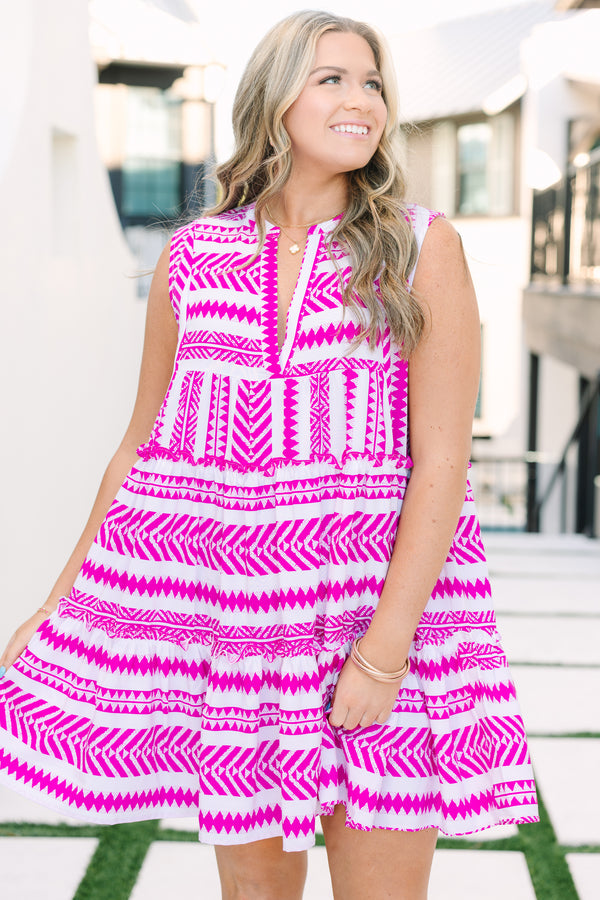 Chic Soul plus size clothing, hot pink and white Aztec print sleeveless tiered baby doll dress
