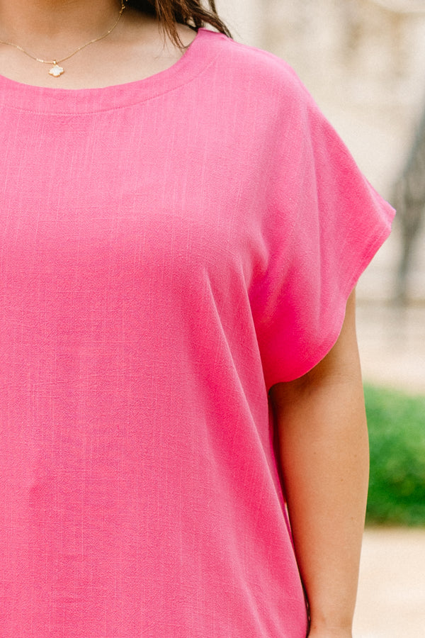 Chic Soul plus size clothing, hot pink short sleeve casual basic top with white blocking at hem