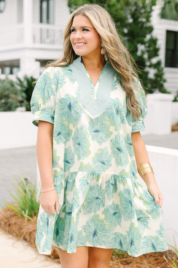 Chic Soul plus size clothing, light green and blue floral print short puff sleeve baby doll dress with v neckline and a solid stripe around the neckline