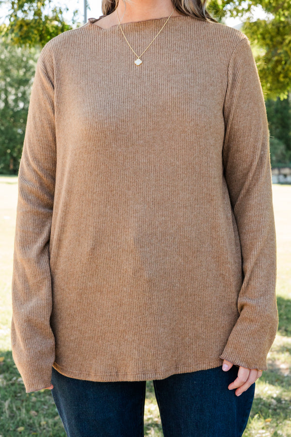 Chic Soul plus size clothing, mocha colored fitted long sleeve regular length top layering piece