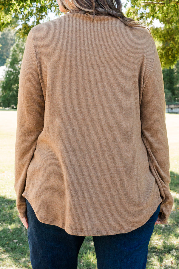 Chic Soul plus size clothing, mocha colored fitted long sleeve regular length top layering piece
