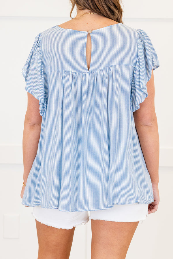 Chic Soul plus size clothing, short-flutter-sleeve denim blue flowy top with a high-scoop-neckline and a multi-colored embroidered floral pattern along the neckline 
