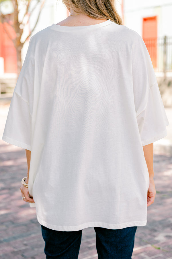 Chic Soul plus size clothing, ivory short sleeve graphic tee with a square graphic in the center that has a ghost, pumpkin, and other fall images 