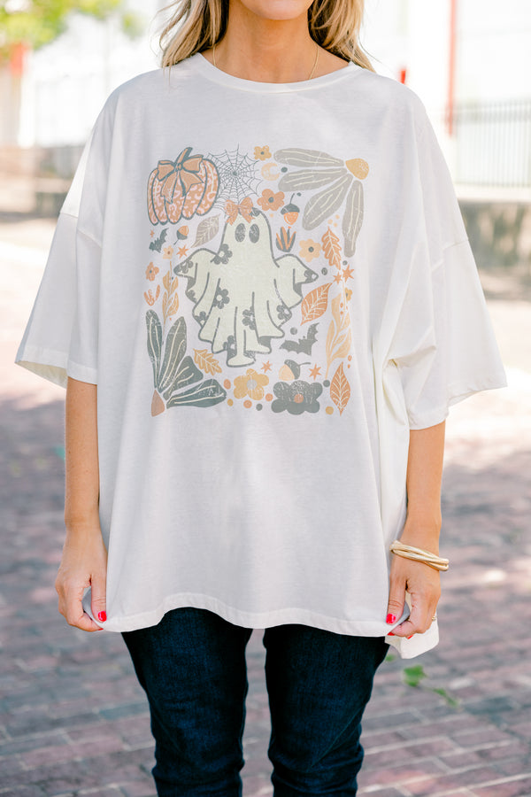 Chic Soul plus size clothing, ivory short sleeve graphic tee with a square graphic in the center that has a ghost, pumpkin, and other fall images 
