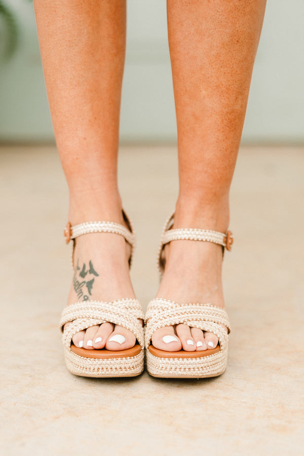 Chic Soul plus size clothing, light tan open toed rattan block heels