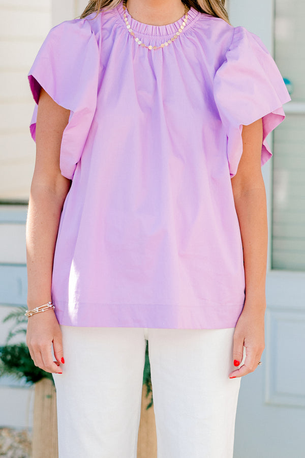 Chic Soul plus size clothing, light mauve flutter sleeve blouse with high pleated neckline