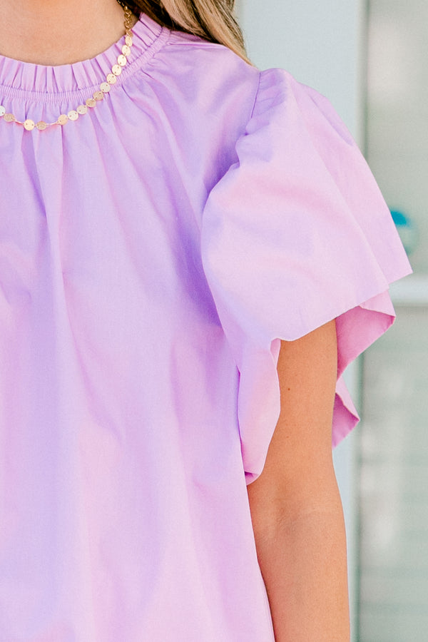Chic Soul plus size clothing, light mauve flutter sleeve blouse with high pleated neckline