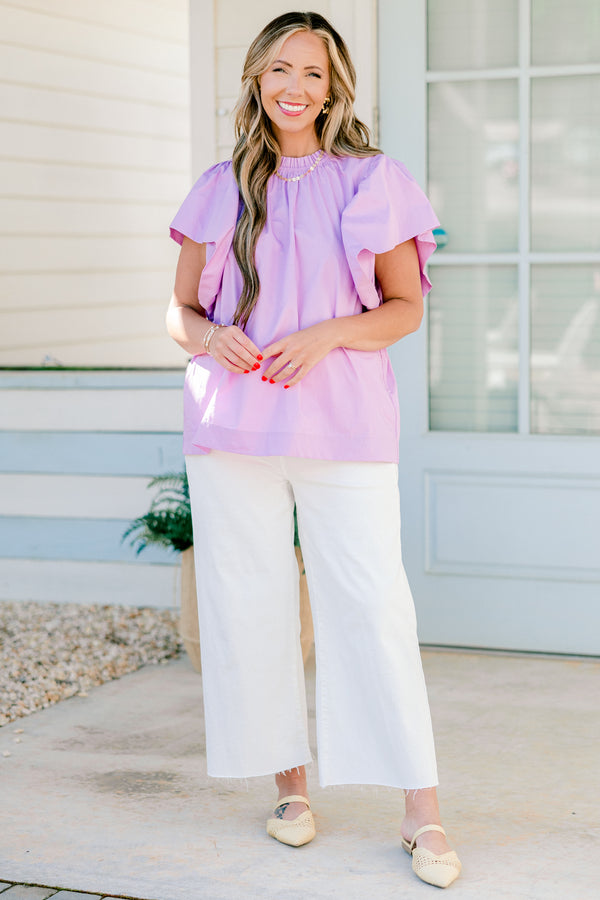 Chic Soul plus size clothing, light mauve flutter sleeve blouse with high pleated neckline