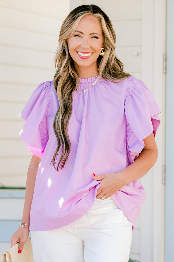 Chic Soul plus size clothing, light mauve flutter sleeve blouse with high pleated neckline