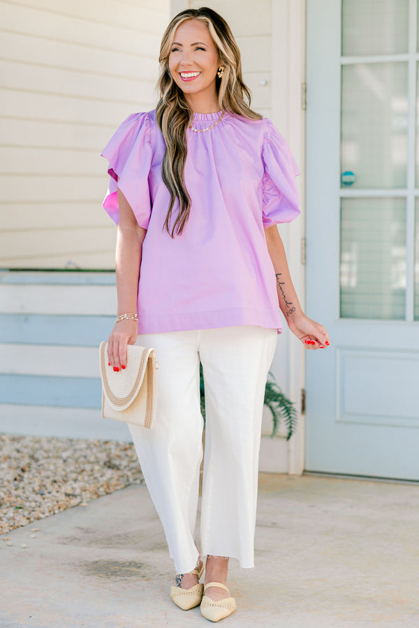Chic Soul plus size clothing, light mauve flutter sleeve blouse with high pleated neckline