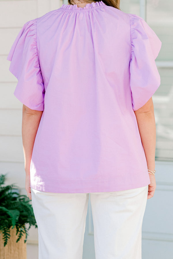 Chic Soul plus size clothing, light mauve flutter sleeve blouse with high pleated neckline