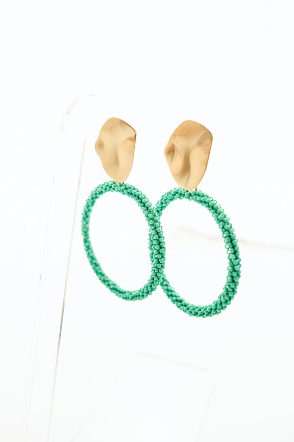 Chic Soul plus size clothing, teal beaded hoop earrings with gold stud