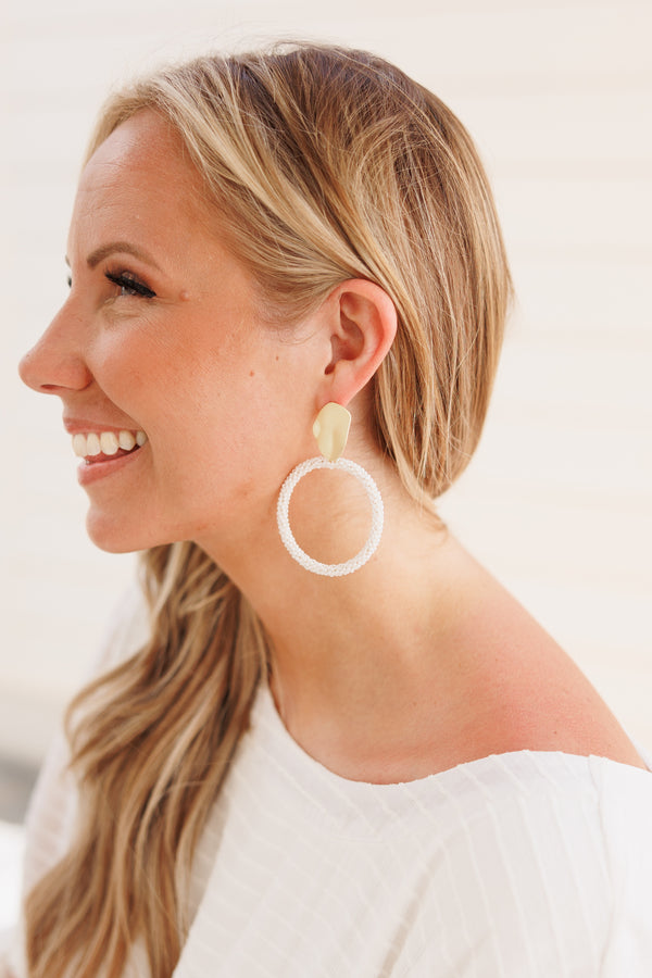 Chic Soul plus size clothing, white beaded hoop earrings with gold accents