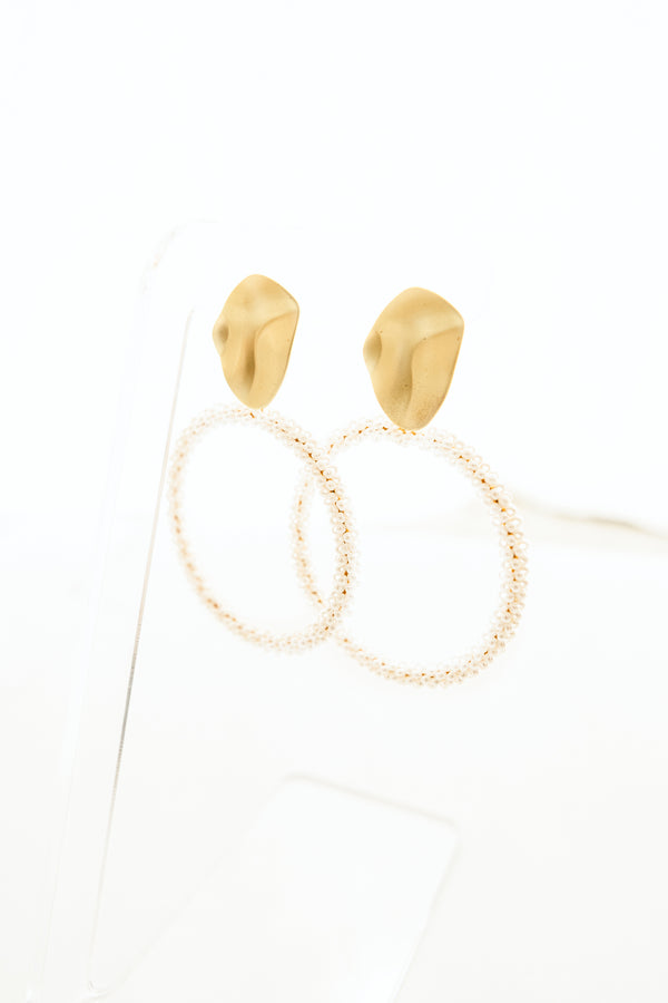 Chic Soul plus size clothing, white beaded hoop earrings with gold accents