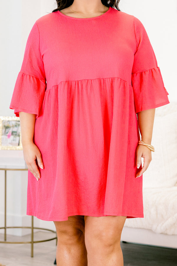 Chic Soul plus size clothing, coral three quarter length sleeve tiered mini dress with ruffle on sleeve with round neckline