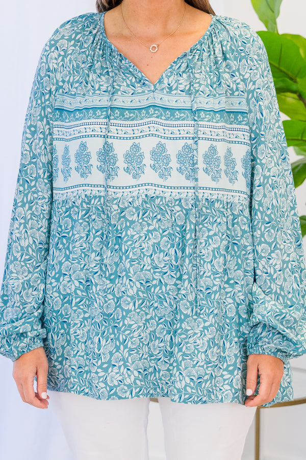 Chic Soul plus size clothing, blue long sleeve lightweight blouse with v neckline with tie detail and blue floral paisley print