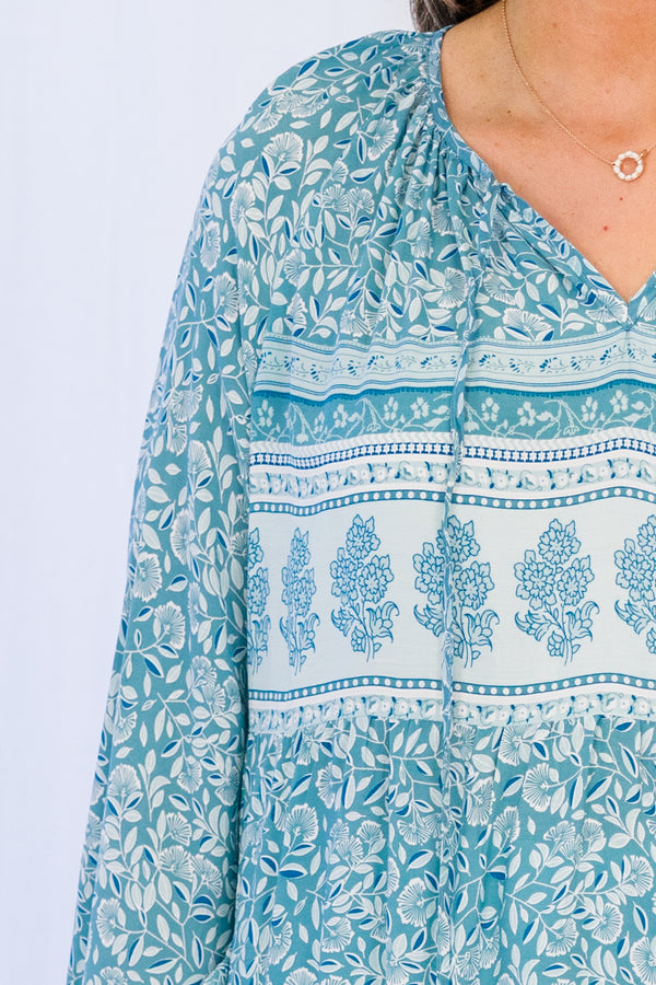 Chic Soul plus size clothing, blue long sleeve lightweight blouse with v neckline with tie detail and blue floral paisley print