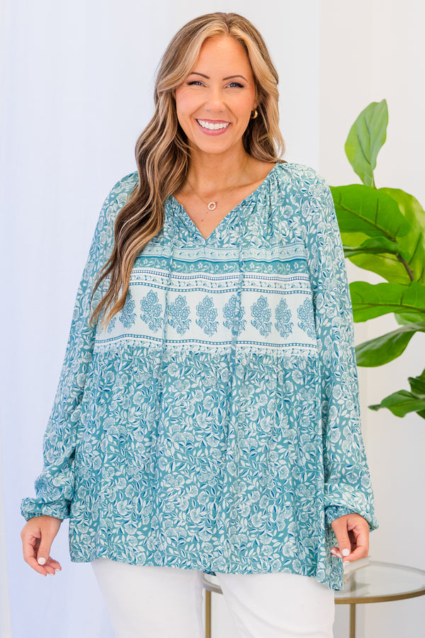 Chic Soul plus size clothing, blue long sleeve lightweight blouse with v neckline with tie detail and blue floral paisley print
