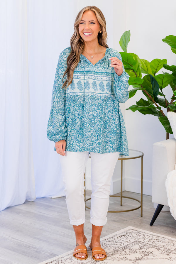 Chic Soul plus size clothing, blue long sleeve lightweight blouse with v neckline with tie detail and blue floral paisley print