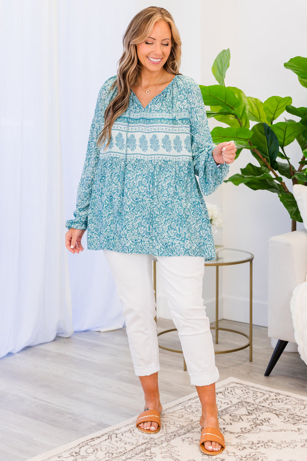 Chic Soul plus size clothing, blue long sleeve lightweight blouse with v neckline with tie detail and blue floral paisley print