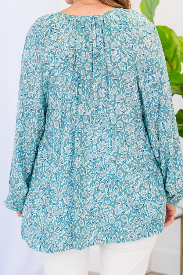 Chic Soul plus size clothing, blue long sleeve lightweight blouse with v neckline with tie detail and blue floral paisley print
