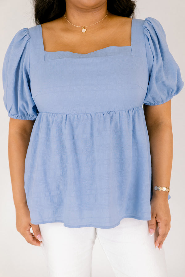 Chic Soul plus size clothing, light blue square neck puff sleeve peplum top