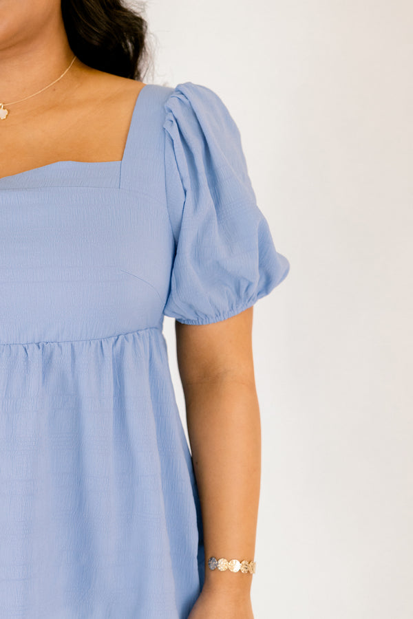 Chic Soul plus size clothing, light blue square neck puff sleeve peplum top