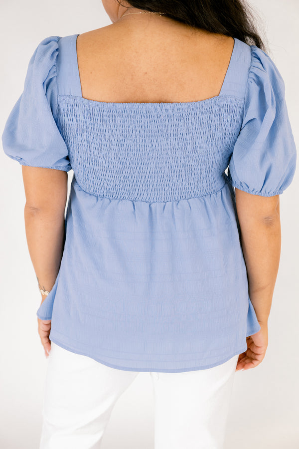 Chic Soul plus size clothing, light blue square neck puff sleeve peplum top