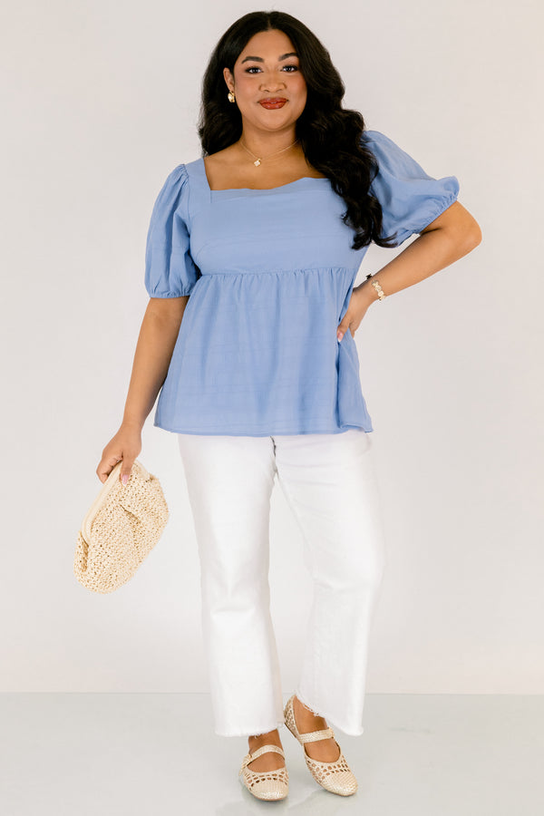 Chic Soul plus size clothing, light blue square neck puff sleeve peplum top
