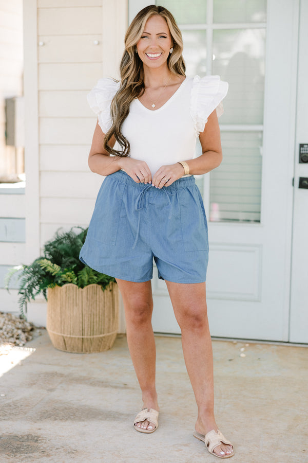 light denim drawstring shorts with drawstring waist and large front pockets