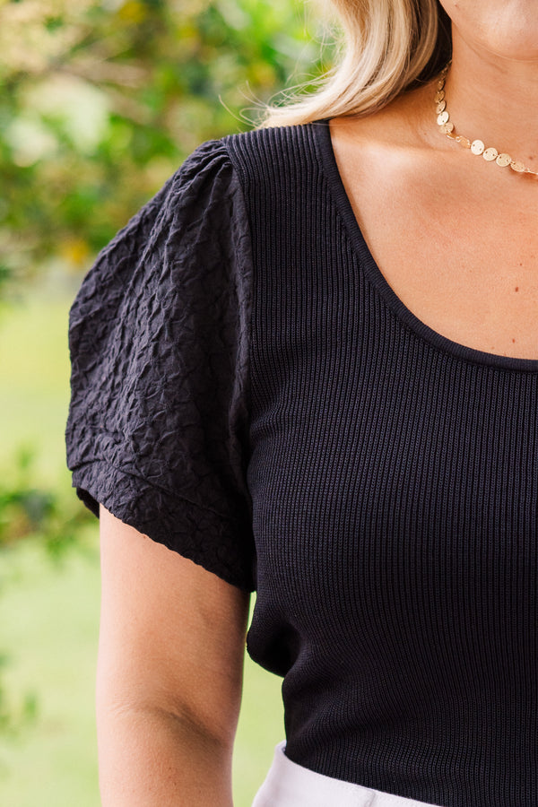 Chic Soul plus size clothing, short-puffed-sleeve black bodysuit with a deep-scoop-neckline