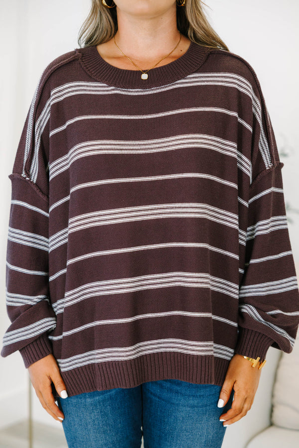 Chic Soul plus size clothing, brown striped long sleeve sweater with white stripes