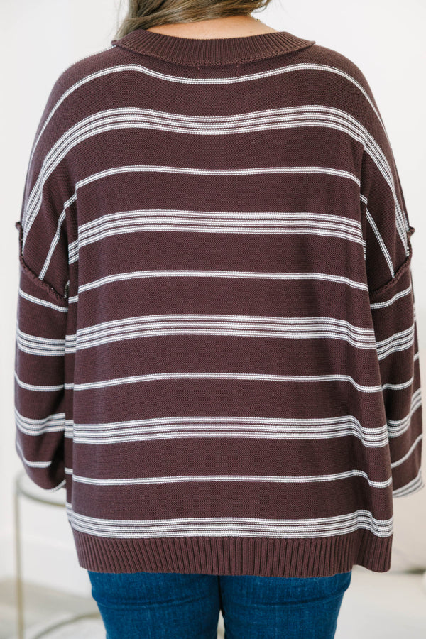 Chic Soul plus size clothing, brown striped long sleeve sweater with white stripes