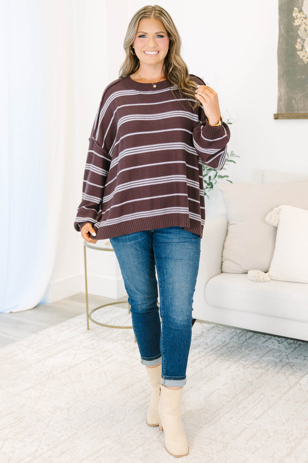 Chic Soul plus size clothing, brown striped long sleeve sweater with white stripes