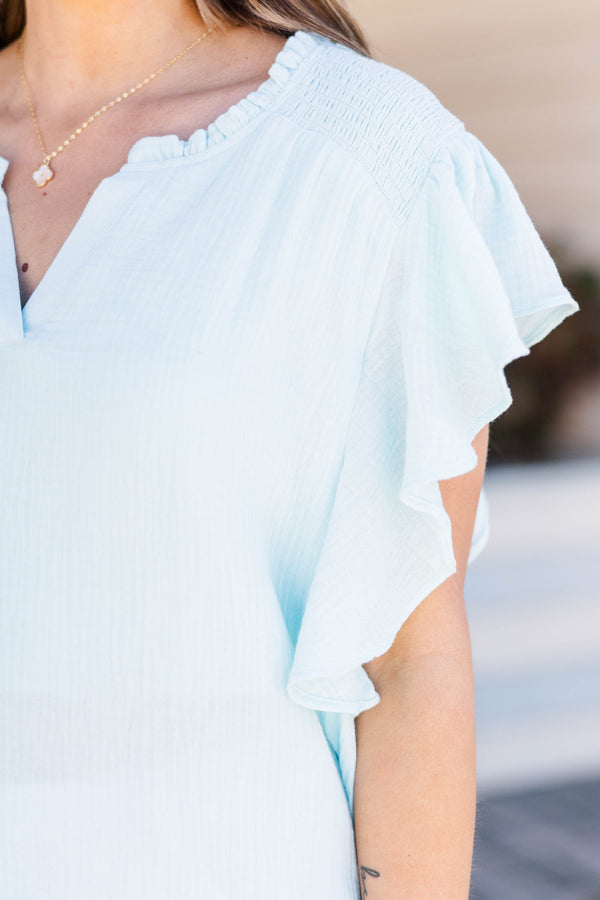 Chic Soul plus size clothing, sky blue top with flutter sleeves and ruffles around neckline