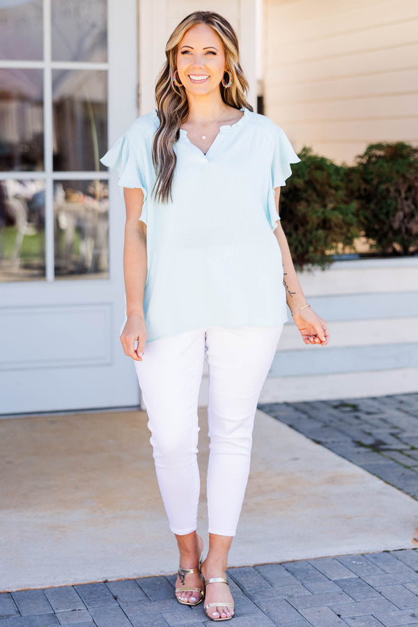 Chic Soul plus size clothing, sky blue top with flutter sleeves and ruffles around neckline