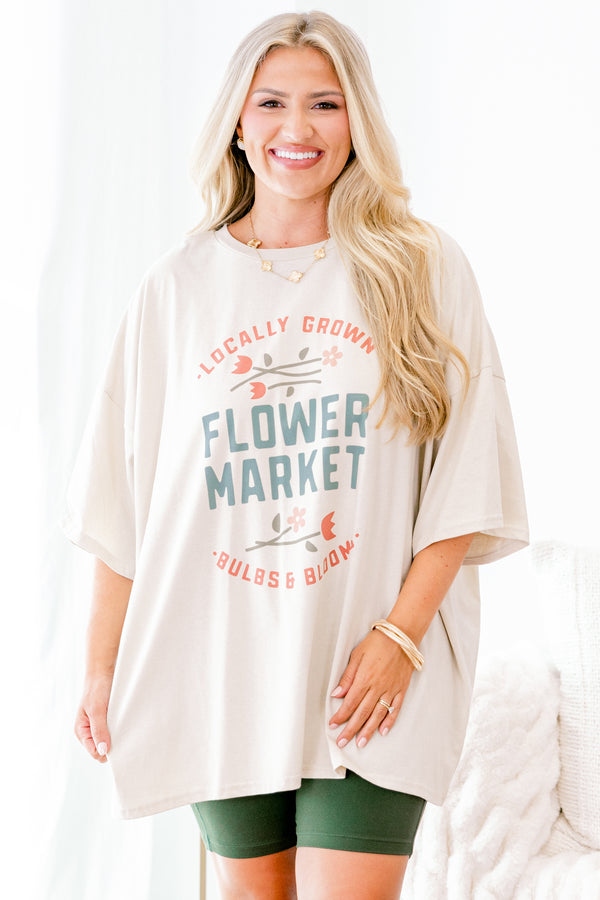 Chic Soul plus size clothing, dust colored short sleeve graphic tee with with words 