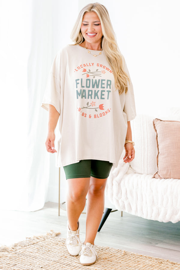 Chic Soul plus size clothing, dust colored short sleeve graphic tee with with words 