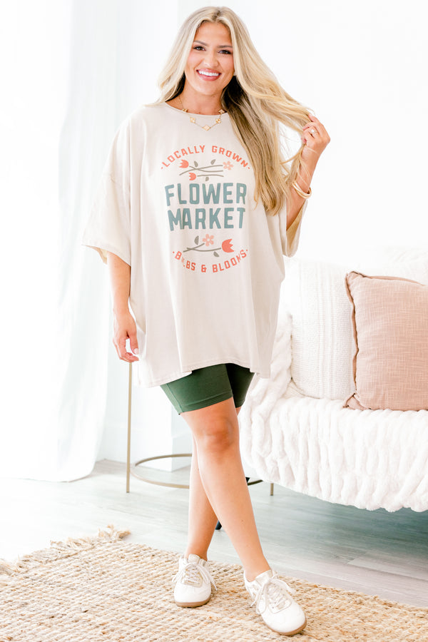 Chic Soul plus size clothing, dust colored short sleeve graphic tee with with words 