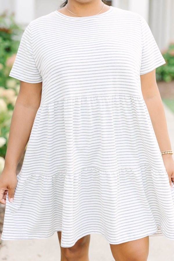 Plus Size gray and white striped babydoll dress with short sleeves and a tiered style