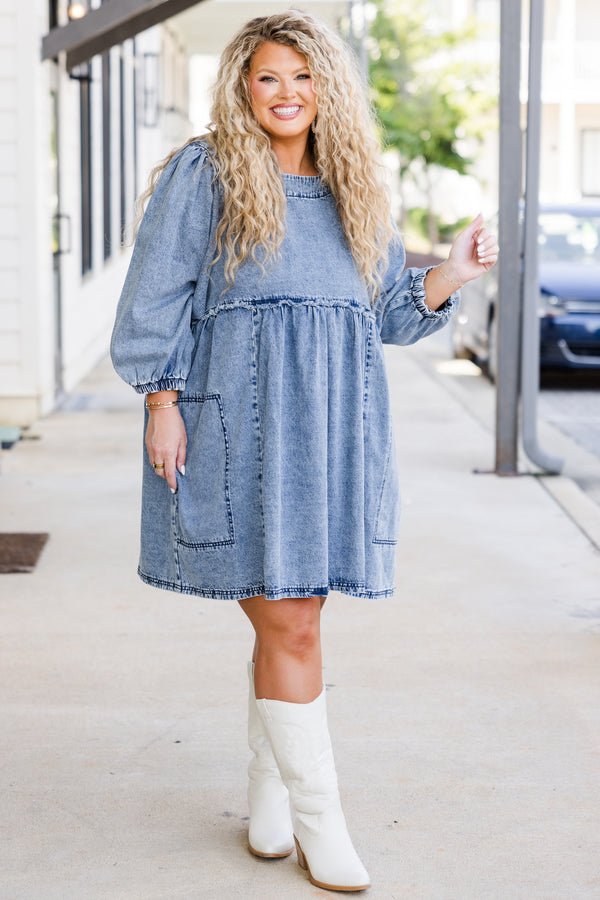 Chic Soul plus size clothing, puffed quarter-sleeve denim medium-wash baby doll dress with scoop-neckline