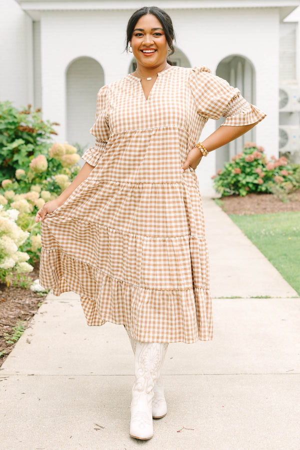 Plus size clothing, brown gingham midi dress with tiered skirt and mini bell sleeves