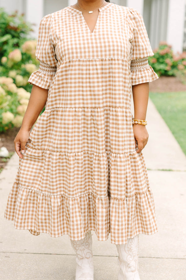 Plus size clothing, brown gingham midi dress with tiered skirt and mini bell sleeves