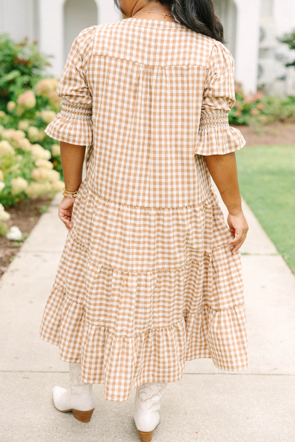 Plus size clothing, brown gingham midi dress with tiered skirt and mini bell sleeves