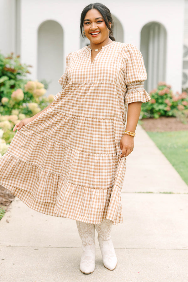 Plus size clothing, brown gingham midi dress with tiered skirt and mini bell sleeves