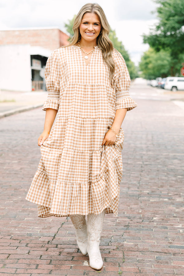Plus size clothing, brown gingham midi dress with tiered skirt and mini bell sleeves