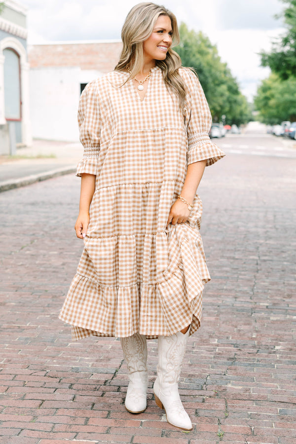 Plus size clothing, brown gingham midi dress with tiered skirt and mini bell sleeves