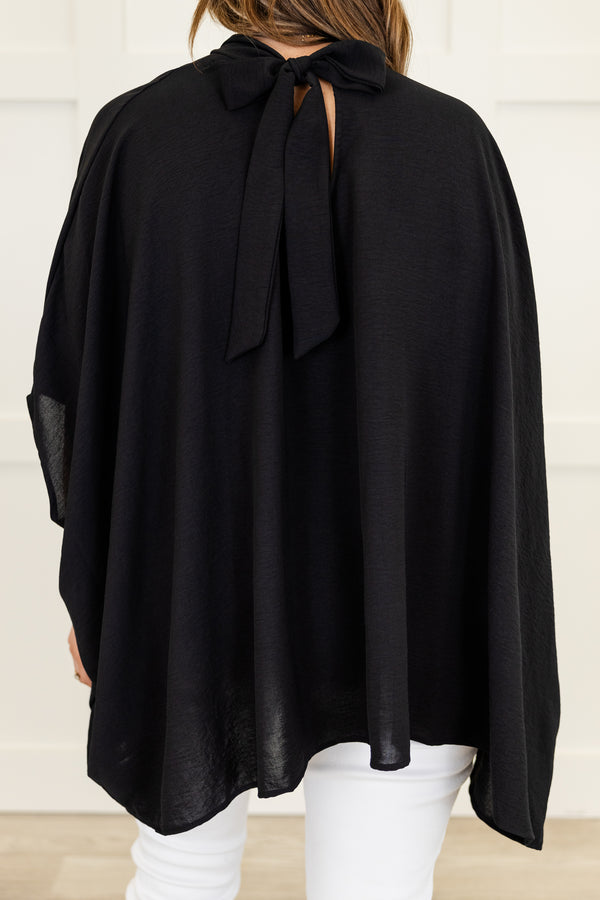 Chic Soul plus size clothing, short-sleeve black flowy high-low hemline top with a mockneck 