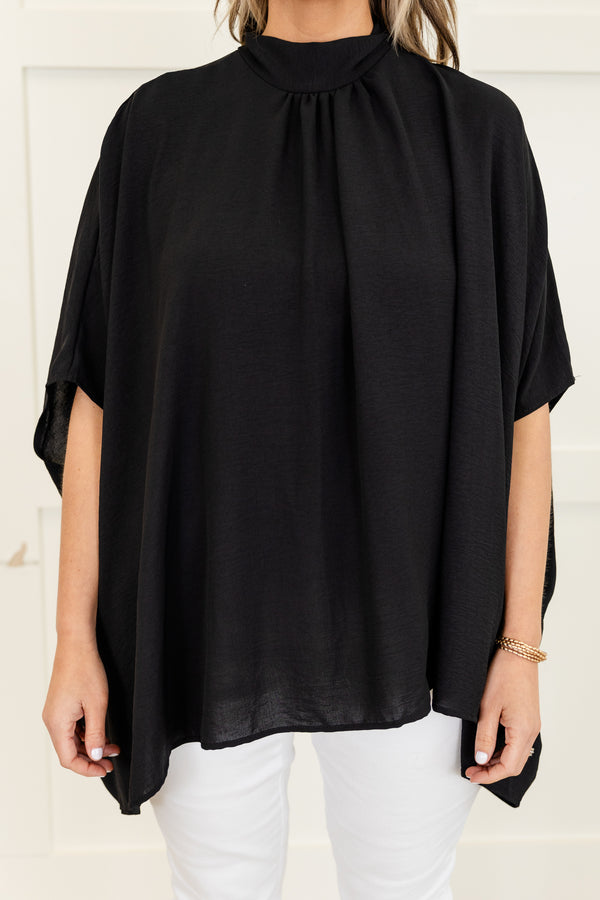 Chic Soul plus size clothing, short-sleeve black flowy high-low hemline top with a mockneck 